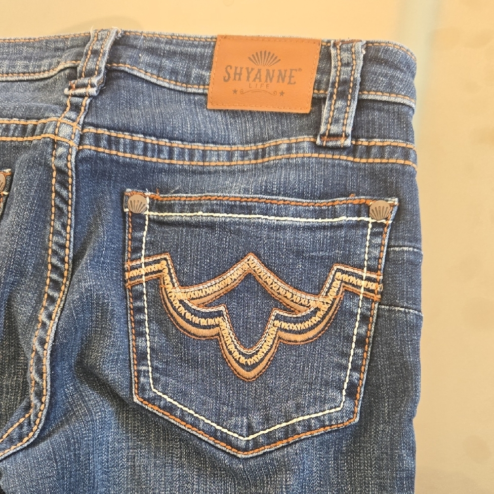 Shyanne Blue Boot Cut Jeans with Tan Stitching
